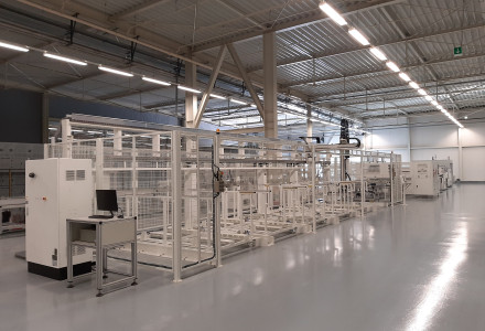 Panoramic photo of the interior of Brite Solar’s manufacturing plant, showcasing the scale and precision of our production environment.