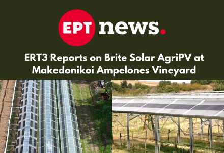 Aerial and ground view of Brite Solar AAgri-PV in Open Field Vineyard CultivationgriPV installation at Makedonikoi Ampelones, Terpyllos, Kilkis, Northern Greece, as featured in ERT3 report by journalist Nikos Pitsiakidis, October 2026.