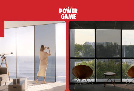 Dynamic glass by Brite Solar adjusting transparency in modern buildings as featured on PowerGame