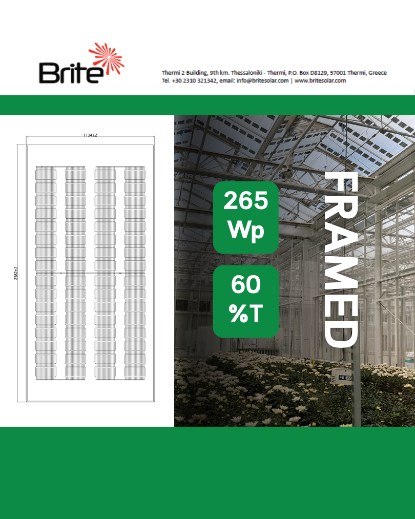 265 Wp framed photovoltaic panel with 60% transparency for greenhouse and agrivoltaic installations.
