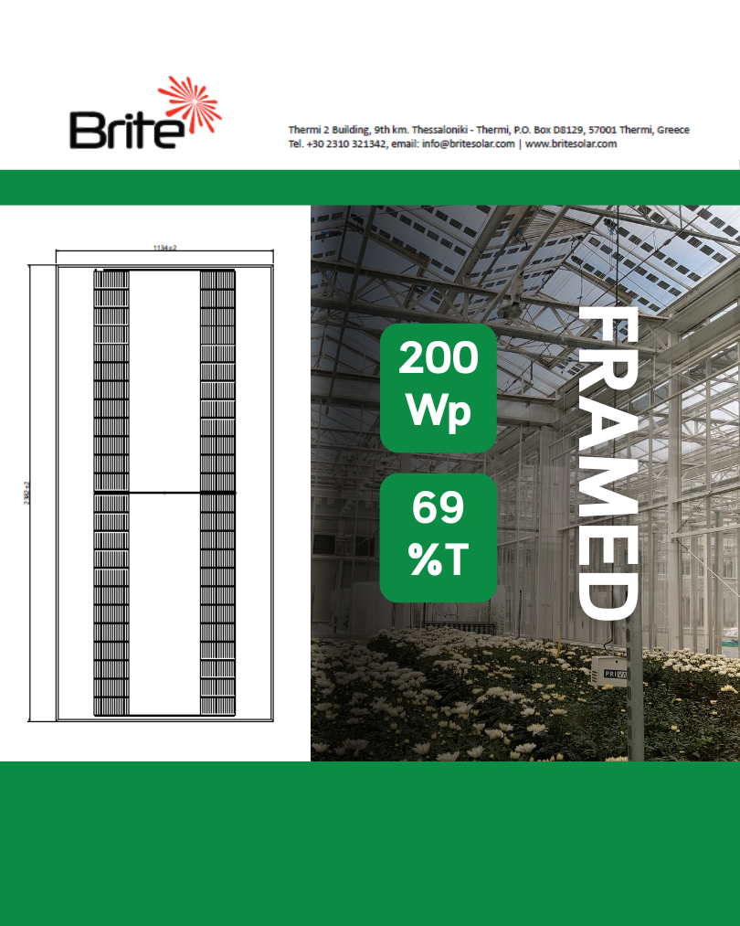 200 Wp framed photovoltaic panel with 69% transparency for greenhouse and agrivoltaic projects.