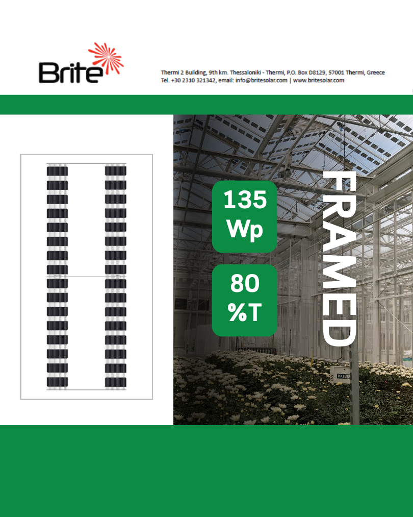 135 Wp framed photovoltaic panel with 80% transparency for greenhouse and architectural applications.