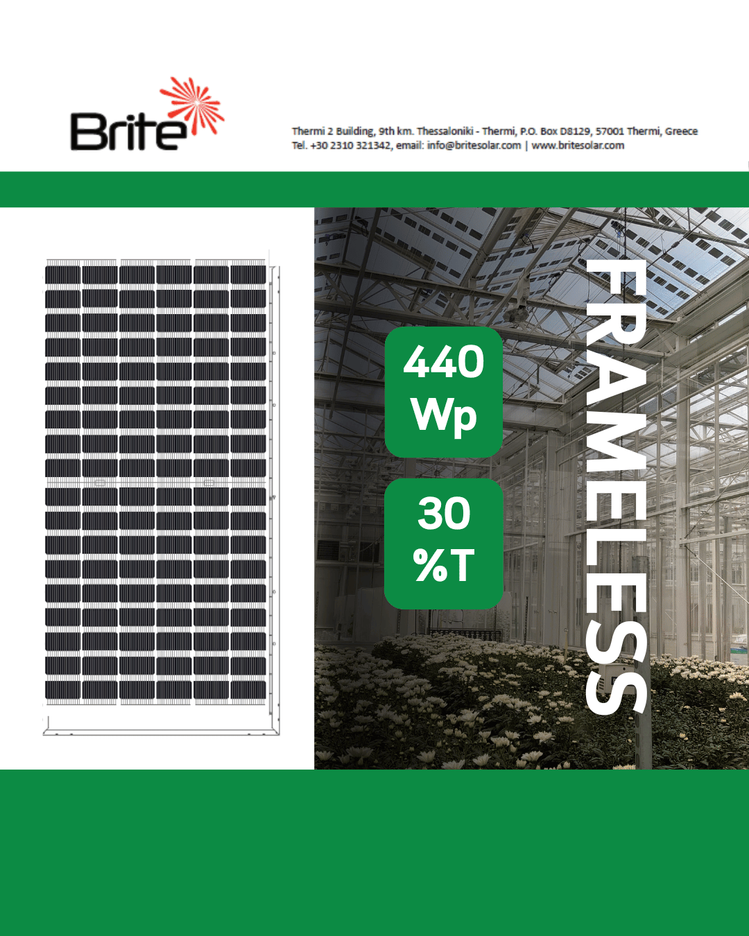 440 kWp frameless photovoltaic panel with 30% transparency for greenhouse and architectural applications.