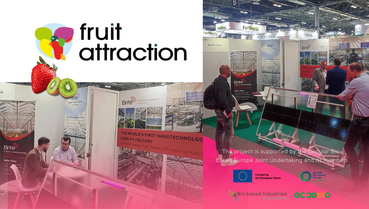 Brite Solar presenting its Agri-PV technology at Fruit Attraction 2025 in Madrid, highlighting solar innovation for agriculture.